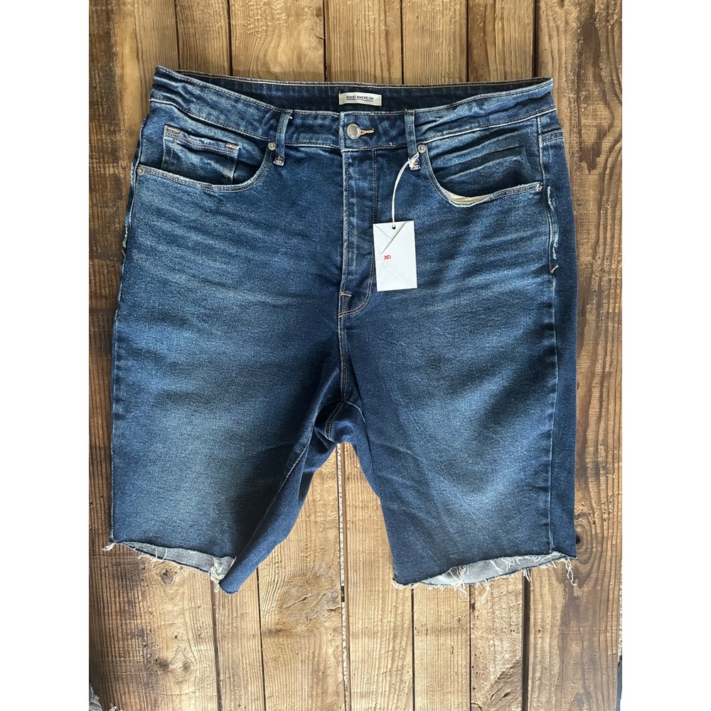 Good American Womens High Rise Bermuda Denim Shorts Blue Raw Hem Size 18 NWT